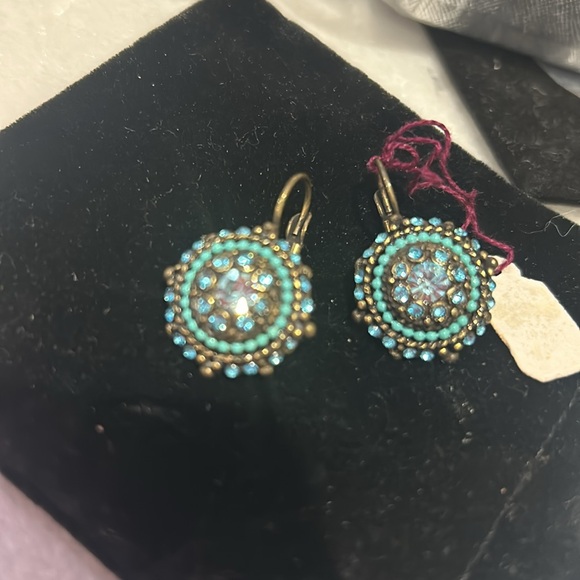 Vintage Sapphire & Turquoise Crystal Euro Wire Medallion Earrings-Boutique - Picture 4 of 7